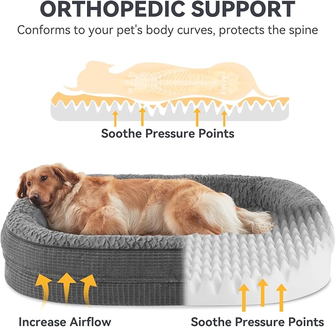 JOEJOY Orthopedic Dog Beds Large Sized Dog, XL Egg-Crate Memory Foam Pet Couch Bed with Bolster Sides, Waterproof Lining, Removable Washable Cover & Non-Slip Bottom, Grey