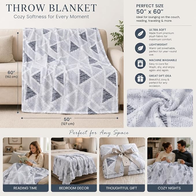 Throw Blanket: Velvety Soft, Durable Fleece Accent for Bed or Couch (Triangle Geo, 50 x 60 inches)