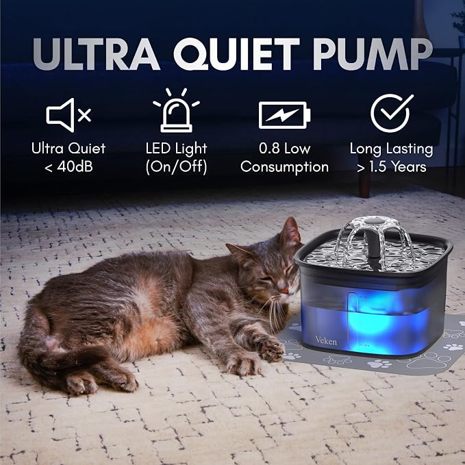 Veken Innovation Award Winner 95oz/2.8L Cat Water Fountain | Automatic Pet Fountain Dog Water Dispenser with Replacement Filters & Silicone Mat for Cats, Dogs (Space Black, Plastic)