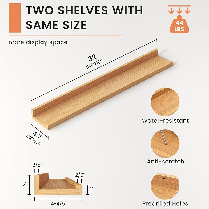Picture Ledge Shelf, Floating Shelves for Wall, 32" W Set of 2, Oak | FSC Certified Engineered Wood, Wall Mounted Bookshelf, for Nursery Living Room Bedroom, Pre-Drilled, Easy Install