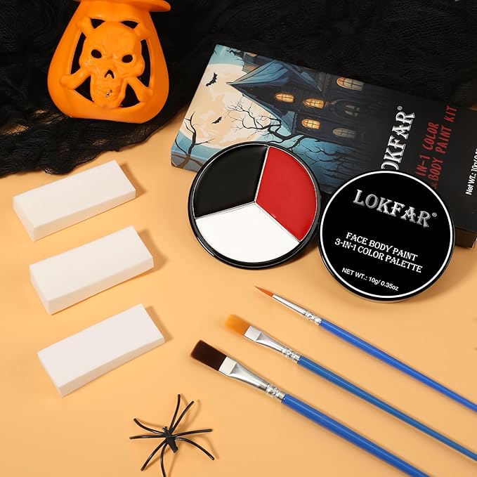 Black White Red Face & Body Paint - Blendable Facepaint Foundation with Sponge & Brush for Skin, Professional Halloween Face Make-up Kit for Zombie Clown Vampire Skeleton Skull Joker Costume