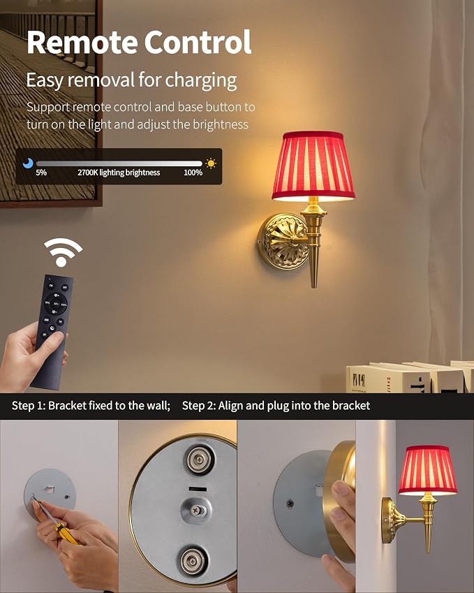 KDG Cordless Gold Wall Sconces Set of 2, Red Fabric Lampshde Wall Lamps | Small LED Wireless Portable Rechargeable Battery Lighting for Wall Painting, Living Room, Bedroom, Hallway, Gifts, Nightlight