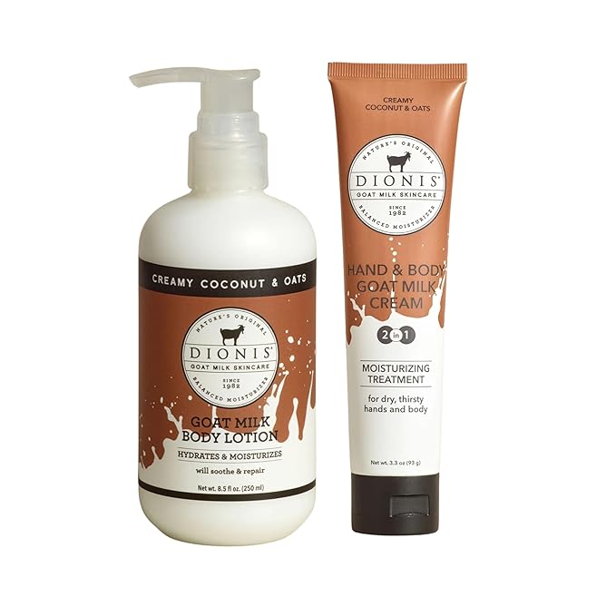 Dionis Goat Milk Skincare Creamy Coconut & Oat 8.5oz Hydrating Body Lotion and 3.3oz Hand & Body Moisturizing Travel Size Cream Bundle, Natural Ingredients, Made in the USA, Cruelty Free, Paraben Free