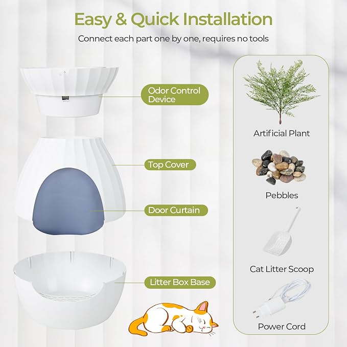 Giantex Cat Litter Box Plant - Hidden Litter Box Furniture with Electronic Odor Removal System, Detachable Door Curtain, Scoop, Cat Litter Box Enclosure Planter Home Decor, Easy to Clean (White)