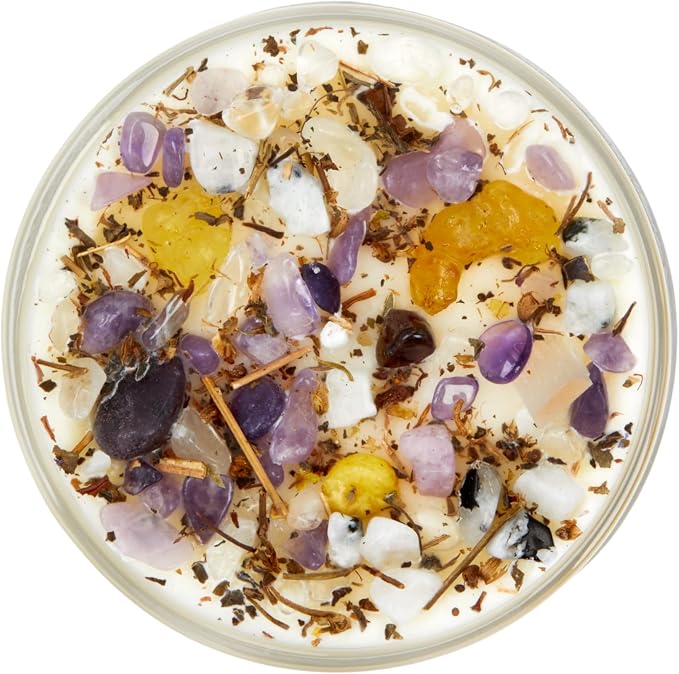 Crown Chakra Candle by New Moon Beginnings - Chakra Candles - Dried Flower, Herb, & Crystal Candles - Aromatherapy Candles - Soy Candle - 12oz Glass Jar