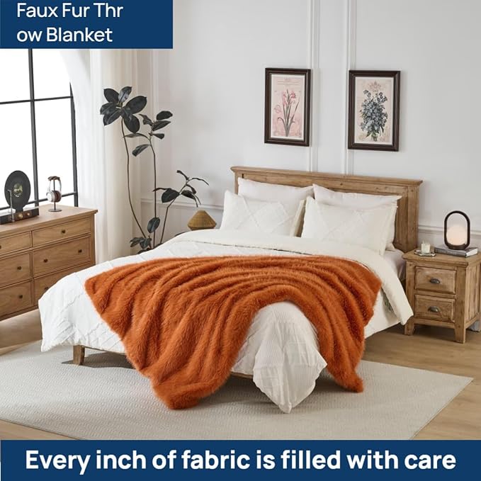Luxury Fluffy Faux Fur Throw Blanket,Thick Fluffy Silky Fuzzy Cozy Blanket,Plush Blankets for Couch, Sofa, Chair, Bed-Burnt Orange,50x60 Inches