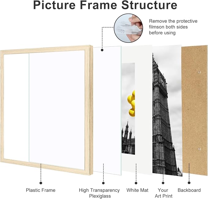 12x12 Picture Frame Set of 9, Display Pictures 8x8 with Mat or 12x12 without Mat, Multi Collage Gallery Square Photo Frames for Wall or Tabletop, Natural Wood
