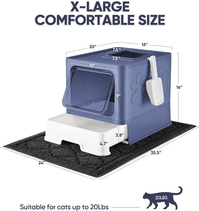 Medario Cat Litter Box with X-Large Litter Mat and Scoop(Upgrade Midnight) | Large Covered Litter Box with Lid, Enclosed Kitty Box,Front Top Entry Exit, Odor Control Easy to Clean
