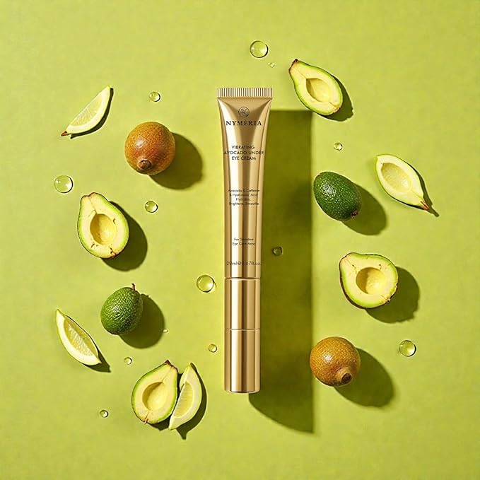 NYMERIA Vibrating Avocado Under Eye Cream – Cooling Metal Tip Eye Cream with Caffeine & Hyaluronic Acid, Brightening & Hydrating Formula for Puffiness, Dark Circles & Fine Lines, 0.67 fl oz / 20 ml