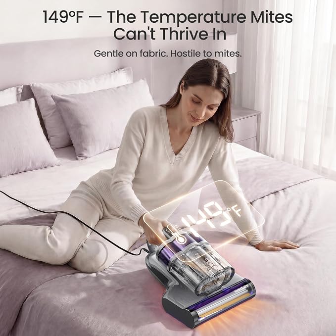 Bed Vacuum Cleaner, 20kPa, 253.7nm UV-C Light, Ultrasonic,149°F Heating