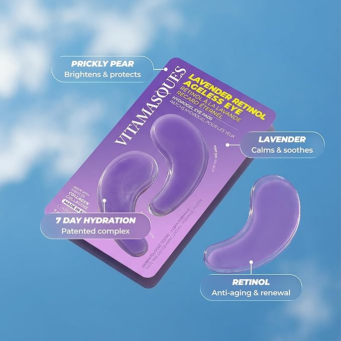 Vitamasques Lavender Retinol Anti Aging Hydrogel Eye Patches for Puffy Eyes and Dark Circles - Under Eye Mask with Collagen Patches for Wrinkles | Korean Skincare Brightening Eye Pads 3 Pack
