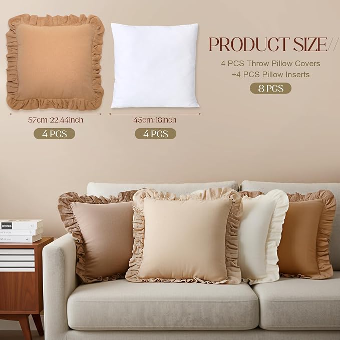 8 Packs Neutral Color Ruffle Pillow Covers with Inserts 18 x 18 Inches Soft Cotton Ruffle Pillowcase Rustic Boho Farmhouse Modern Home Decor for Bed Sofa Living Room Couch
