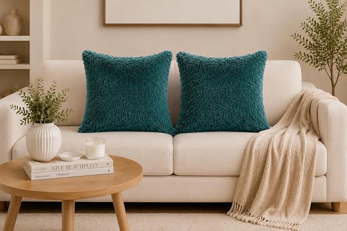 REAFORT Long Hair Faux Fur Euro Sham Cover 26"x26" Hidden Zipper,Evergreen | Ultra-soft plush faux fur with a hidden zipper adds luxurious comfort and is machine washable for easy care.