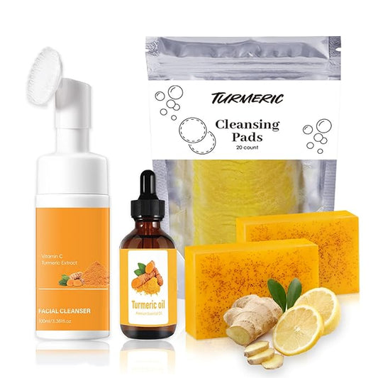 Turmeric Wash and Care 4 Piece Set – Turmeric Face Wash with Brush, Exfoliating Facial Pads, Cleansing Soap Bars & Turmeric Oil – Jabon de Curcuma, Natural Skincare for Face & Body