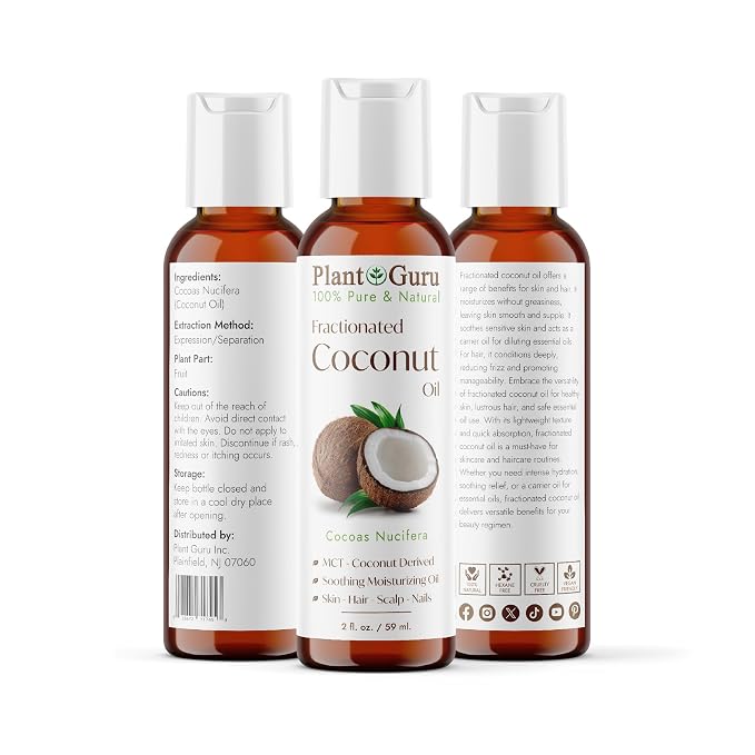 Fractionated Coconut Oil 2 fl. oz. 100% Pure MCT Natural Carrier - Skin, Face, Body, Massage and Hair Growth Moisturizer, Great for Diluting Aromatherapy Essential Oils
