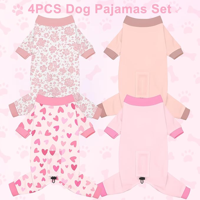 Bienbee Dog Pajamas, 4 Pack Adjustable Onesies for Small to Large Dogs S | Dog Shedding Suit with Soft Fabric, Breathable & Stretchy, and Adjustable Back Length for Sleeping Lounging and Daily Use