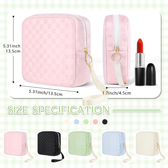 Likesing Tampon Holder for Purse, Upgraded 5.3" Checkered Period Bag, Sanitary Napkin Storage Bag with Wrist Strap for Girls Women, Thickened Portable Period Pad Pouch(Beige)