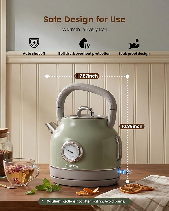 Amaste Electric Kettle, Retro Electric Tea Kettle with Thermometer, 57 Oz Hot Water Kettle for Coffee & Tea, 304 Stainless Steel, 1500W Fast Boiling, Auto Shut-Off & Boil Dry Protection, Matcha Green