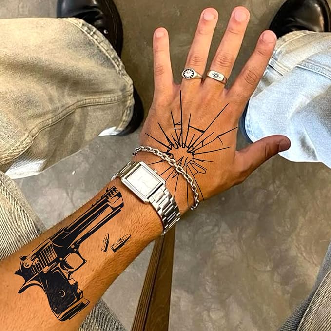 Tattoo Tech, 2 Weeks Lasting Tactical Weapons Semi Permanent Tattoo, Temporary Fake Tattoos For Men Adults Arm Hand Neck, Realistic, Waterproof and Non-Reflective, 2 Sheets