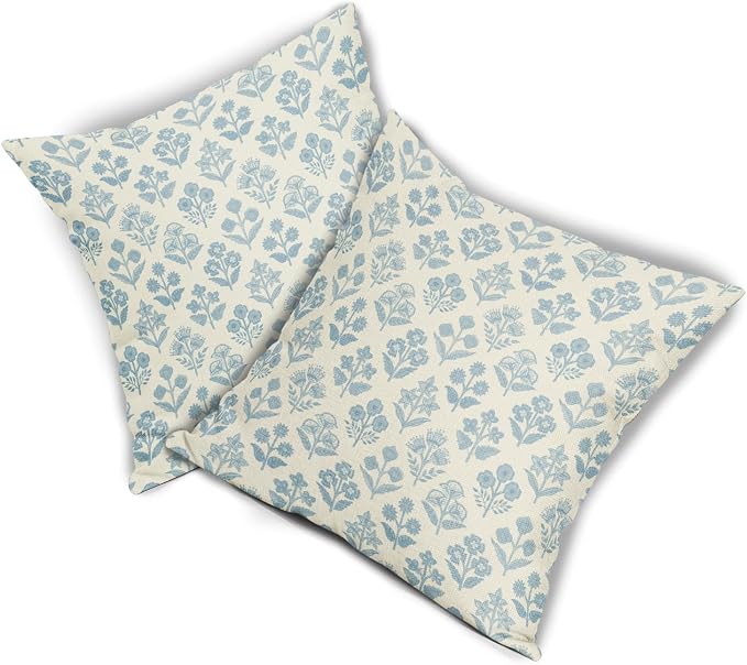 Light Blue Floral Pillow Covers 16x16 Inch Set of 2, Vintage Flower Block Print Pattern Decorative Throw Pillowcases Outdoor Farmhouse Cushion Covers Spring Summer Rustic Sofa Couch Bed Decor