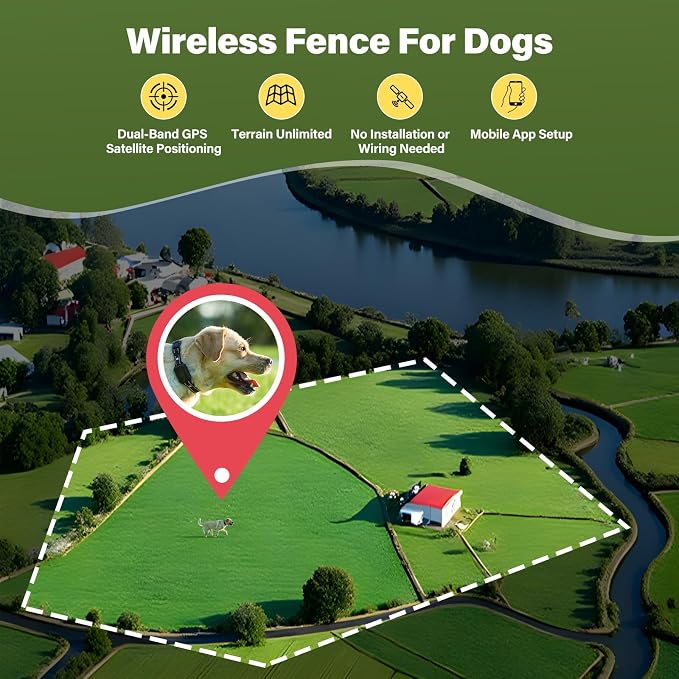 GPS Wireless Dog Collar Fence System - No Monthly Fee App Control, Custom Polygon Boundary & Remote Training, Free Phone Tracker for Up to 5 Pets, Virtual Electric Fence for Dogs