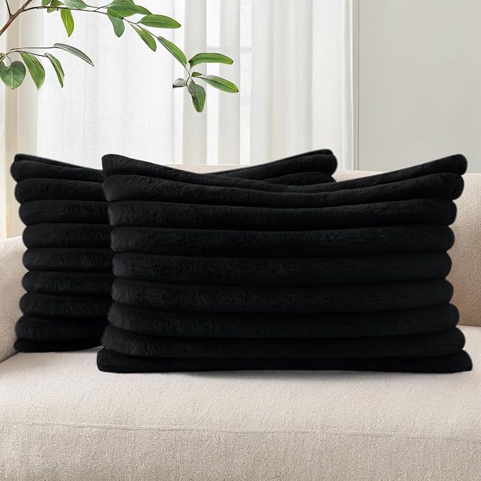 Pallene Faux Fur Decorative Throw Pillow Covers 12x20 Set of 2, Black | Luxury Plush Texture, Striped Design, Cozy Soft Touch, Modern Home Accent Decor for Couch, Sofa, Bed, Living Room