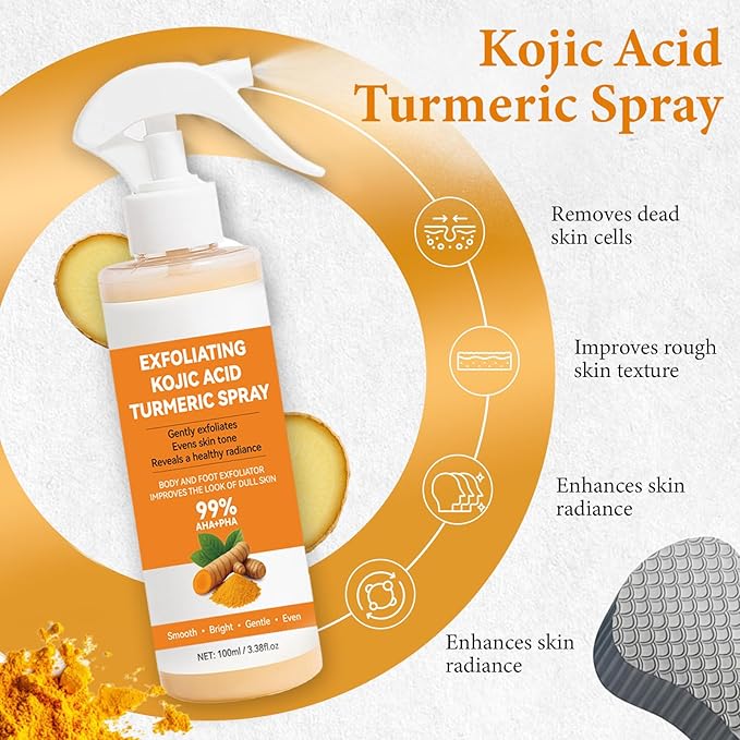 Kojic Acid Turmeric Spray with Sponge, Exfoliating Body Spray with Retinol, Glutathione, Niacinamide, Gentle Exfoliation for All Skin Types, Nourish Skin, Turmeric Peel Shot, 100ml