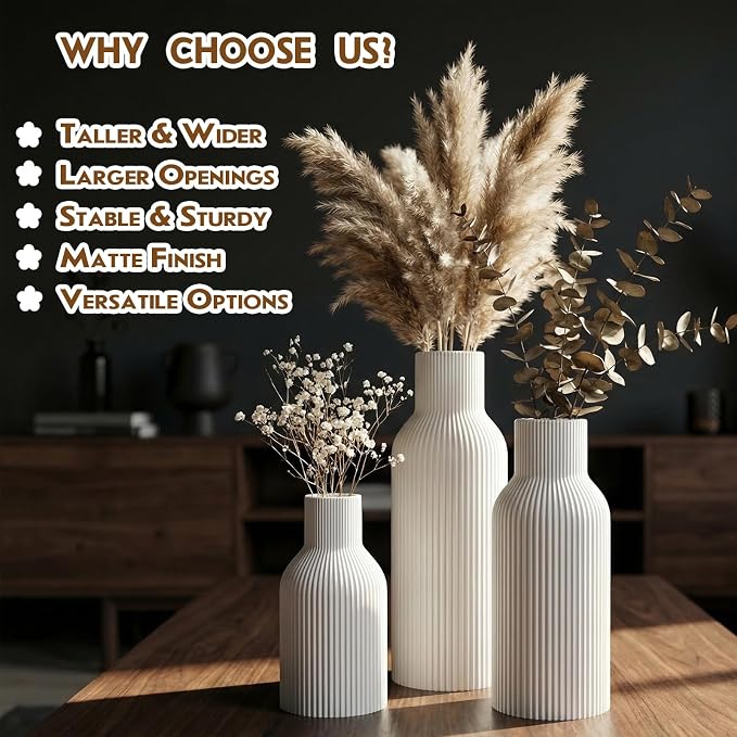 White Ceramic Flower Vase Set of 3 Matte Ribbed Waterproof | Waterproof interior for fresh or dried pampas. Minimalist centerpiece for living room, entryway, office, or wedding