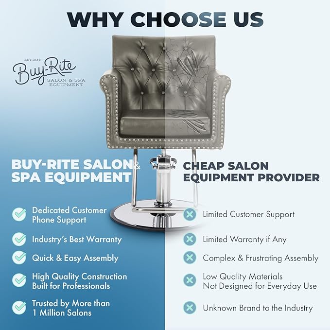 Buy-Rite Chelsea Styling Chair for Salons – Gray Tufted Back, Brass Nailhead Trim, Steel Hydraulic Pump, 3.5” Removable Seat Cushion, Padded Arms, Vinyl Upholstery – NIN-9902