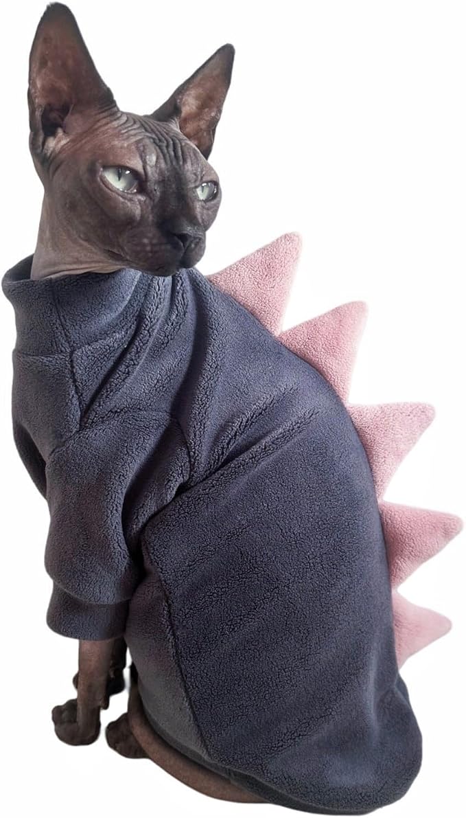 Grey Dinosaur Sphynx Cat Clothes Sweater Hairless Cat Apparel | Soft, Elastic, Warm Polar Fleece,Winter Warm Outfit, Cute Dinosaur