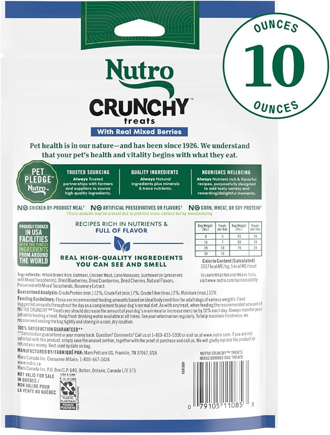 Nutro Crunchy Dog Treats with Real Mixed Berries, 10 oz | 5 calories per treat, natural ingredients, no corn, wheat, soy protein, low calorie, quality protein, ideal for training