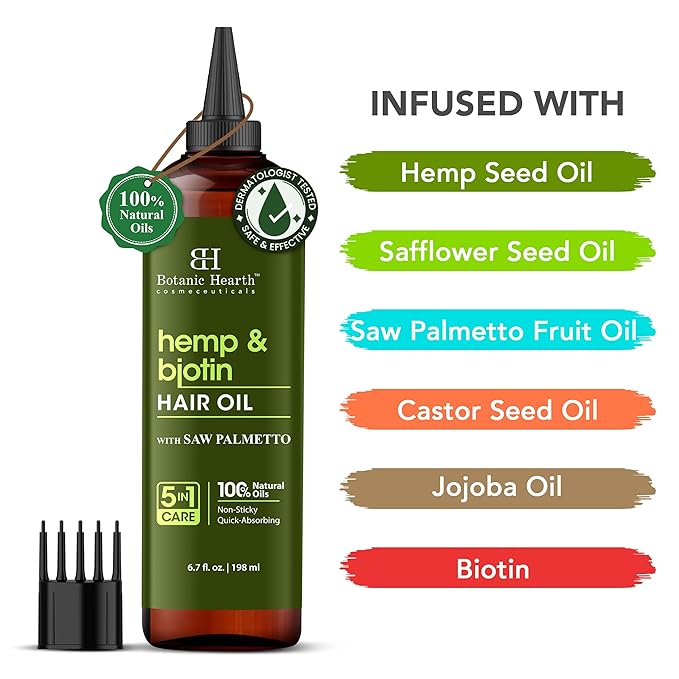 Botanic Hearth Hair Oil for Hair Growth & Hair Treatment Oils | Strengthening Dry, Frizzy, Damaged Hair & Scalp Treatment | Hemp & Biotin Hair Oil – 6.7 Fl Oz
