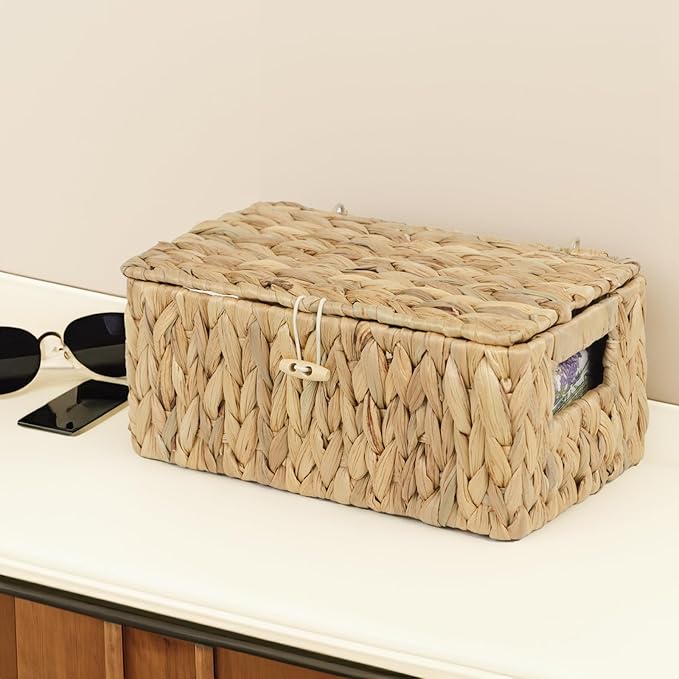ORDELITE Water Hyacinth Wicker Storage Basket with Lid, Small | Decorative Box, Built-In Handles, Baskets for Organizing, Shelf Organizer Bin, Rectangular Woven Design, 10.2 x 6.3 x 3.9