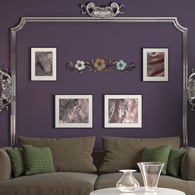Wesiti Metal Flower Wall Decor Vintage Metal Flower Wrought Iron Scroll Sculpture 15.7''x3.7'' Not 3D, Flat Farmhouse Leaf Wall Decor with Nails for Summer Bedroom Kitchen Indoor Outdoor(Colorful)