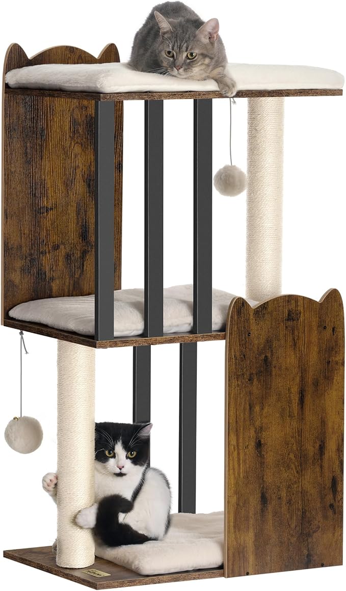 35.4in 3-Tier Modern Cat Tree Tower Condo, Cat Scratch Posts for Indoor Cats, Big Plate, Two Full Sisal Scratching Posts, Rustic Brown