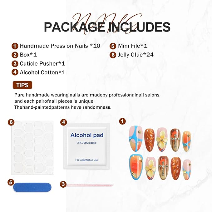 Handmade Press On Nails Almond, 3D Flowers Cross Design Short Fake Nails, Salon-Quality Reusable, Fall/Winter Gift & Holiday for Women, 10pcs