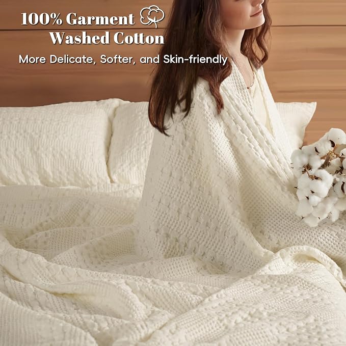 PHF 100% Cotton Waffle Weave Blanket Queen Size, Lightweight Breathable Summer Blanket for Hot Sleepers, Pre-Washed Soft Layer for Bed, Couch, Aesthetic Home Decor & Gift, 90"x90", Cannoli Cream