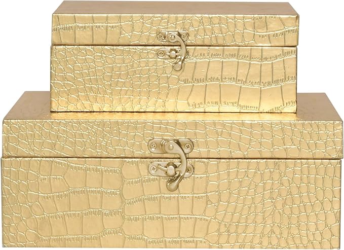 Set of 2 Wooden Decorative Nesting Storage Boxes, Gold Crocodile Leather with Clasp for Home Kitchen Living Room, Ideal Gift for Wedding Memories Jewelry Trinket