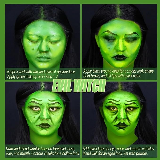Green Witch Makeup Kit,Elphaba Costume Face Paint,Black Green Yellow Face Paint with Setting Powder,Halloween SFX Scar Wax Putty Wound Makeup,Frankenstein Gamora Hunting Hulk Body Paint