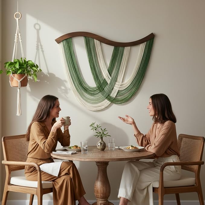 Green Macrame Wall Hanging Dip Dyed Yarn Wall Art, Modern Boho Decor | Handmade Cotton Rope Tapestry for Bedroom, Living Room, Nursery, 31.5 x 23.6 Inch