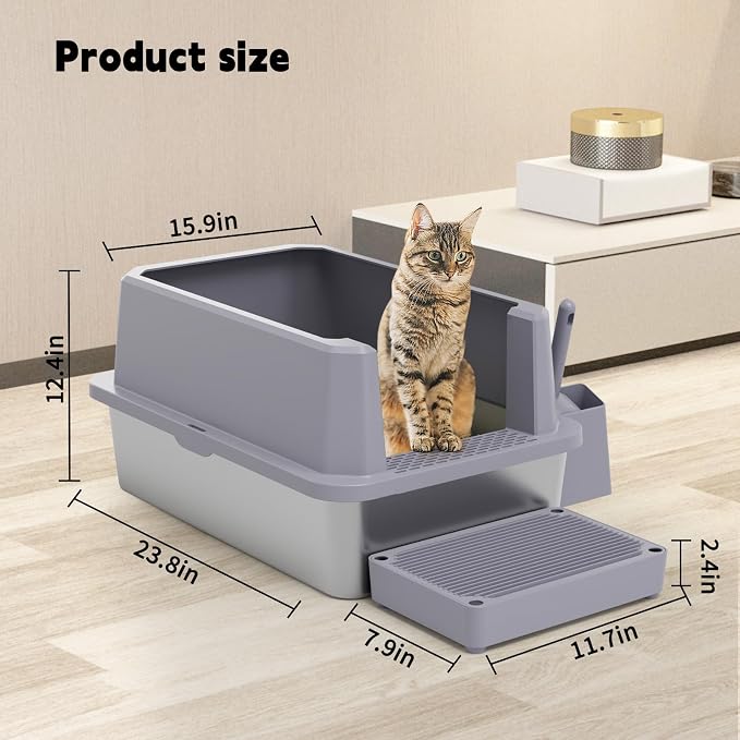 RIZZARI Open Cat Litter Box: Stainless, High Sided, Easy Clean | Spacious for Large Cats / 304 Stainless Anti-Odor / 6.5" Splash Guard / Leak-Proof Seams / Apartments & Laundry