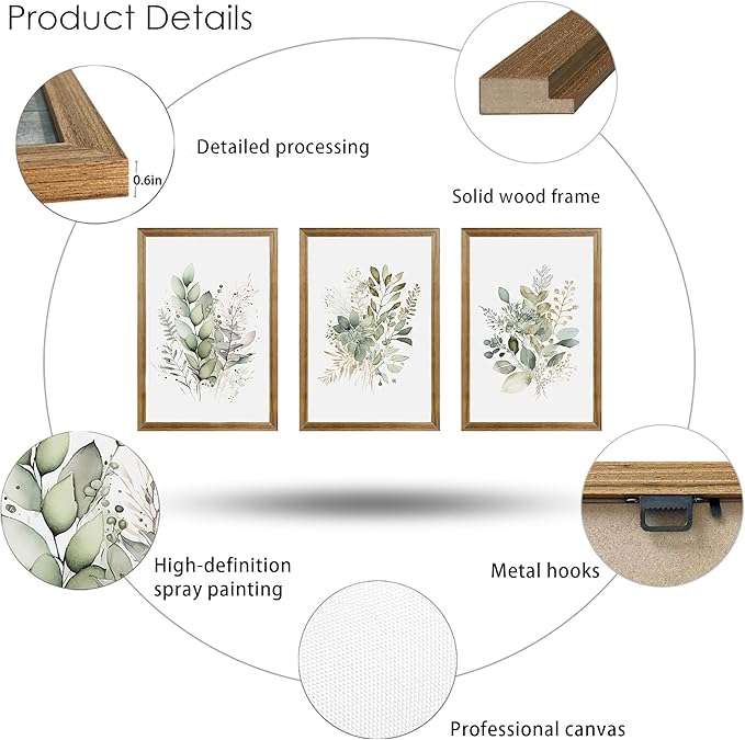WRFON Framed Sage Green Botanical Wall Art Set of 3, Watercolor Eucalyptus & Wild Plant Canvas Prints, Minimalist Green Wall Decor for Living Room Bedroom Bathroom, 12x16 Inches