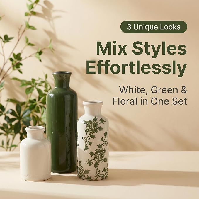Ceramic Vintage Vase Set of 3, Green and White Crackle Glaze, Chinoiserie Floral Decor for Farmhouse Shelf, Table Centerpiece, Mantel, Living Room & Office