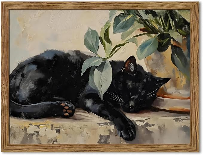 Framed Black Cat Canvas Wall Art, Vintage Sleeping Cat with Plant Picture Wall Decor Paintings, Cute Animal Poster Prints Rustic Aesthetic Home Decor for Living room Bedroom Bathroom 16x24 inch