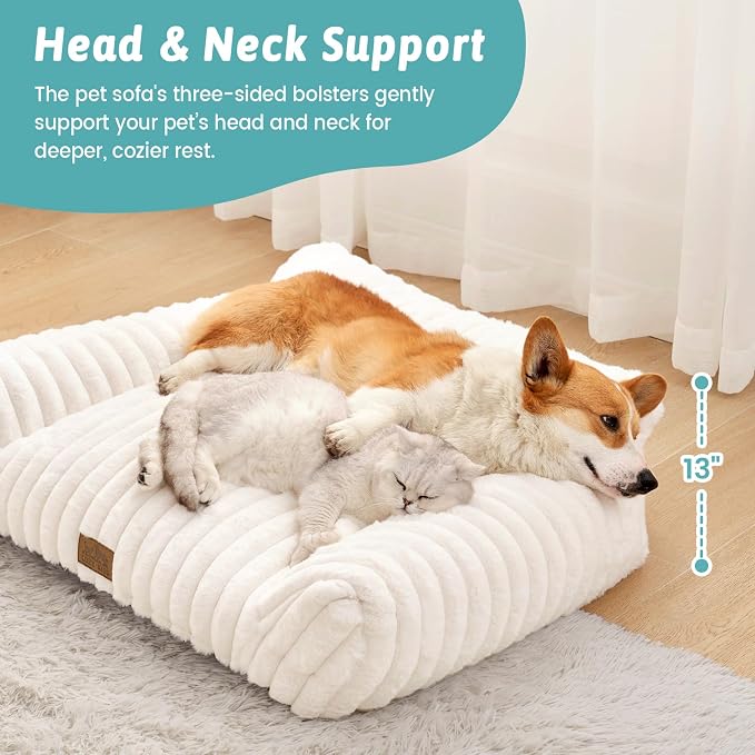 COZY KISS Cute Cat Couch, Fluffy Sofa Bed for Cats and Small Dogs, Premium Faux Rabbit Fur Cats beds for Indoor Cat, Ultra-Soft Supportive Pet Couch Furniture (Cream, M: 31.5''x23.5'')