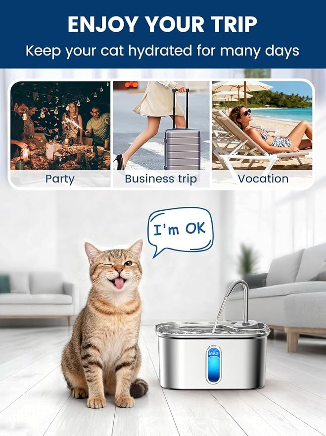 Cat Water Fountain Stainless Steel for Cats Indoor 2.5L 85oz by BPA-Free SUS304, Effective 6-Layer Filter Cat Fountain for Drinking 20dB Ultra Quiet Metal Pet Water Fountain (Fountain+4 Filters)