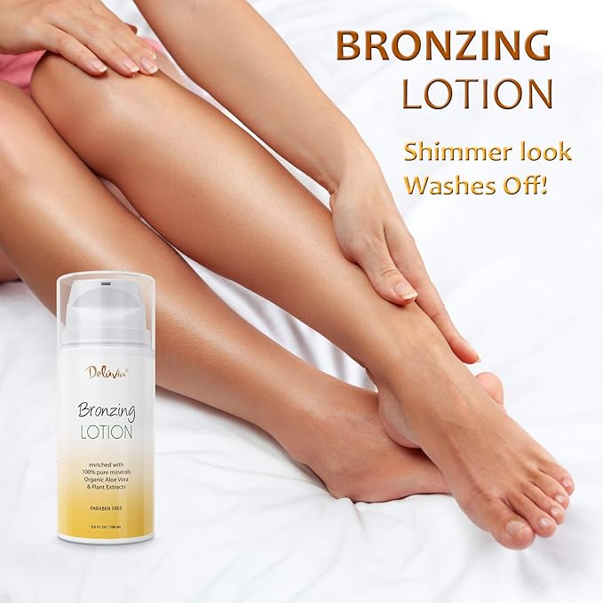Deluvia Body Shimmer Wash Off Bronzing Lotion, After Sun, Leg Makeup, Illuminating Body Moisturizer, Bronzer for Body and Face. Skincare by Deluvia