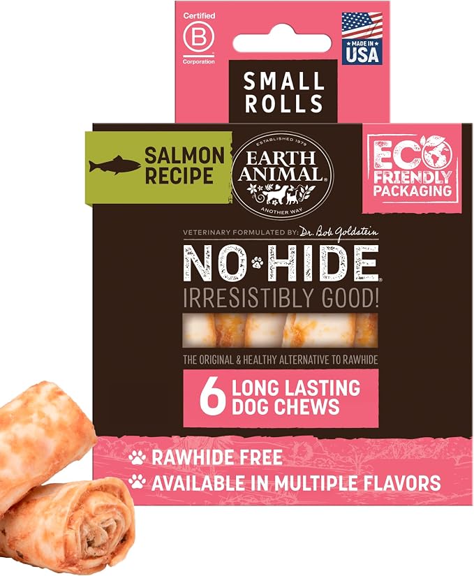 Earth Animal No Hide Dog Chews - Rawhide Free Small Rolls 6 Count Salmon | Small Rolls Salmon Flavored Natural Rawhide Free Long Lasting Dog Chews - Pet Treats for Small Dogs