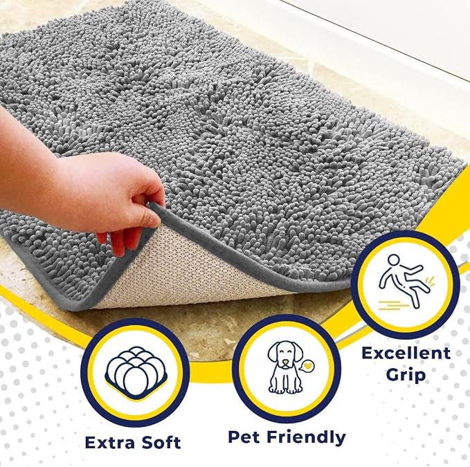 Muddy Mat® | Super Water Absorbent Door Mat Indoor, Microfiber Quick Dry Chenille Entryway Rug, Slip Resistant Front Door Mat, Indoor Mats for Entryway, Machine Washable Pet Rug, Light Grey 2ft x 4ft