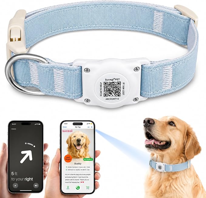 AirTag Dog Collar with QR Code ID, Dog Collar with Air Tag Holder, Blue, S
